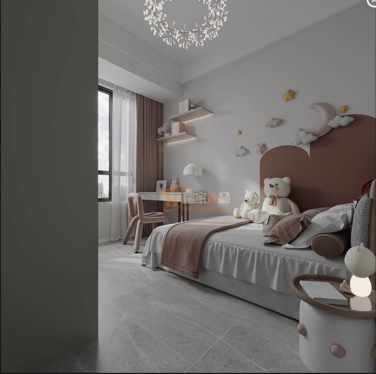 精心布置的可爱儿童房，自在活泼的舒适灵动感
明快轻松愉悦的色彩墙面设计
柔粉色的椅子与软饰
让空间带着丝丝梦幻，悠若安然